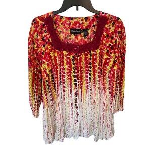 Maggie Barnes Gauzy Floral Multicolor‎ Blouse Size 1X 18/20W Semi Sheer